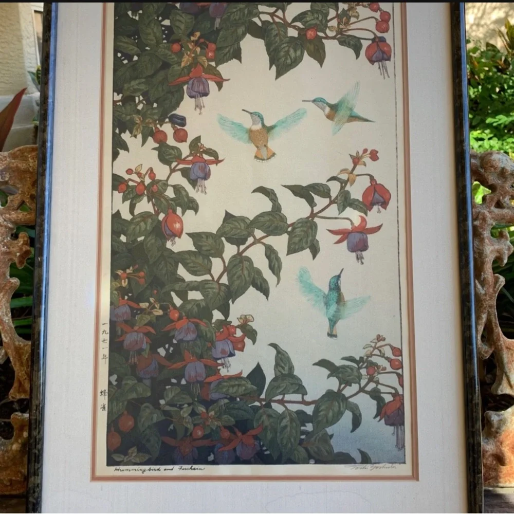 Toshi Yoshida Vintage Woodblock Framed Hummingbird and Fuchsia Signed Art Print - Picture 7 of 9
